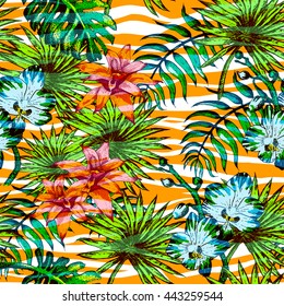 Vector Illustration of tropical Flowers and Palm in Sketch Style for Design, Website, Background, Banner. Doodle Summer Plant Element Template in color. Beach Botany Seamless Pattern Popart