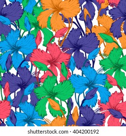 Vector Illustration of tropical Flowers Seamless PAttern in Sketch Style for Design, Flowers Sketch Background. Doodle Summer Pattern. Flower sketch Element. Flower Pattern Template. Beach Botany