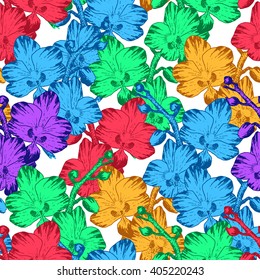 Vector Illustration of tropical Flowers Seamless PAttern in Sketch Style Design, Flowers Sketch Background, Banner. Doodle Summer Pattern. Flower sketch Element. Flower Pattern Template. Beach Botany