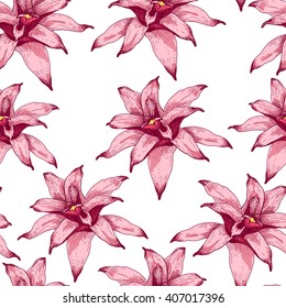 Vector Illustration of tropical Flowers Seamless PAttern in Sketch Style for Design, Background. Doodle Summer Pattern. Template Beach Botany