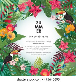 Vector illustration of tropical flowers in summer with birds and butterflies for wedding invitations and birthday cards and background.