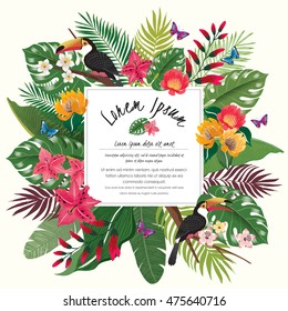 Vector illustration of tropical flowers in summer with birds and butterflies for wedding invitations and birthday cards and background.