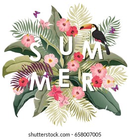  Vector illustration of tropical flowers in summer for Wedding, anniversary, birthday and party. Design for banner, poster, card, invitation and scrapbook 	