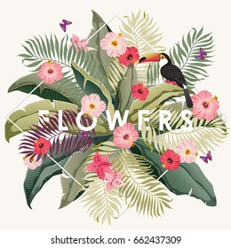  Vector illustration of a tropical frame with flowers in summer for Wedding, anniversary, birthday and party. Design for banner, poster, card, invitation and scrapbook 
