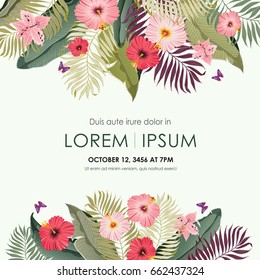  Vector illustration of a tropical frame with flowers in summer for Wedding, anniversary, birthday and party. Design for banner, poster, card, invitation and scrapbook 