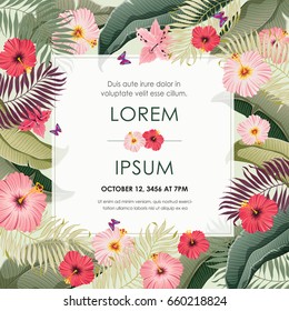  Vector illustration of a tropical frame in summer for Wedding, anniversary, birthday and party. Design for banner, poster, card, invitation and scrapbook 	