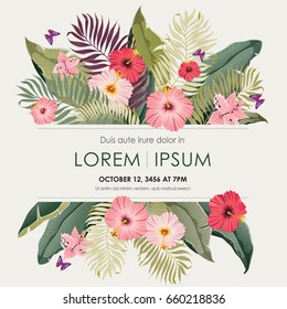 Vector illustration of a tropical frame in summer for Wedding, anniversary, birthday and party. Design for banner, poster, card, invitation and scrapbook 	