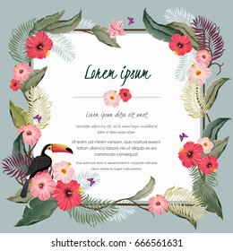  Vector illustration of a tropical frame in summer for Wedding, anniversary, birthday and party. Design for banner, poster, card, invitation and scrapbook 	