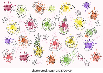 Vector illustration of Tropical Fruit Doodle for logotype, t-shirt, banner, magazine, poster, decoration, postcard. Tropical Fruit Doodle background. Tropical Fruit Doodle image. EPS 10.