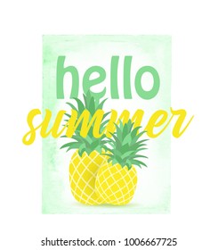 Vector illustration of tropical fruit pineapple with watercolor frame. Hello summer