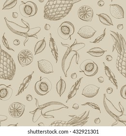 Vector illustration of tropical fruit seamless pattern painted in engraving style. Pineapple, peach, banana, berry and leaves