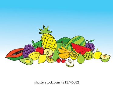 Vector illustration of tropical fruits doodle on blue background