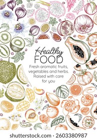 Vector illustration of tropical fruits. Fruit frame. Healthy food banner template in engraving style. Linear exotic flora. Grocery store brochure