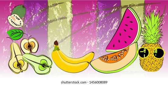 Vector illustration of tropical fruits. Healthy food on the banner.Pineapple, pear, apple, watermelon, cantaloupe, banana in the picture.