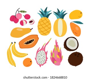 Vector illustration of tropical fruits, isolated on a white background. Set with hand-drawn fruit doodles. Tropical set of banana, coconut, dragon fruit, papaya, mango, pineapple, orange, and lychee.