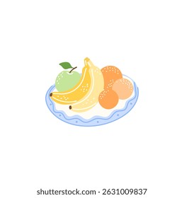 Vector illustration of tropical fruits on a plate, featuring banana, orange, and mandarin. Perfect for healthy eating designs, summer snacks, and food clip art
