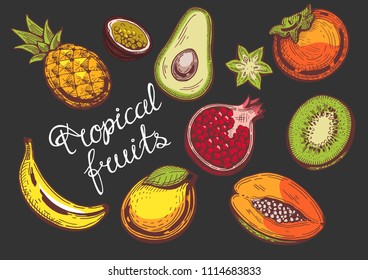 Vector illustration of a tropical fruits set. Pineapple, banana, mango, passion fruit, avocado, pomegranate, papaya, kiwi, persimmon, carambola, star fruit. Vintage colorful style