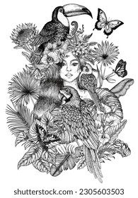 Vector illustration of a tropical girl surrounded by exotic plants, flowers, butterflies and birds in engraving style