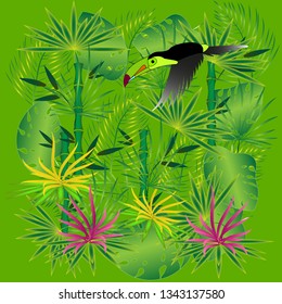 
Vector illustration, tropical green background with leaves and flowers of the jungle and toucan