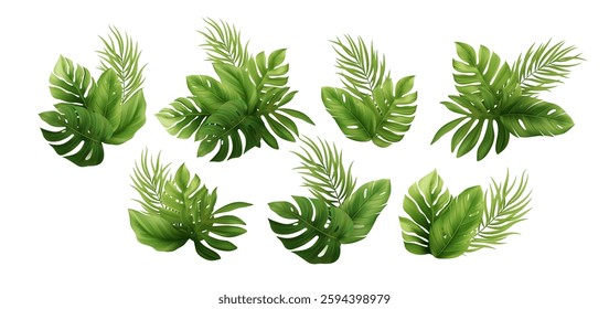 Vector Illustration of Tropical Green Leaves Arrangement on White Background Featuring Exotic Palms and Monstera Leaves for Natural and Summer Themes.