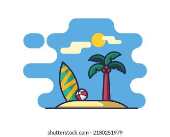 Vector illustration of a tropical island beach with a palm tree and a surfboard, isolated on a white background.