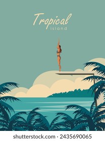 Ilustración vectorial. Isla tropical. Diseño para póster, banner, tarjeta, cubierta. Estilo retro. Viajes, turismo.