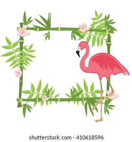 Vector illustration tropical island frame, border, poster with exotic flowers, plants and birds. 