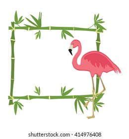 Vector illustration tropical island frame, border, poster with exotic plants and birds. Bamboo frame. Pink flamingo