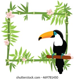 Vector illustration tropical island frame, border, poster with exotic flowers, plants and birds. Bamboo frame. Toucan