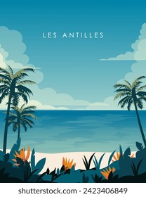 Vector illustration. Tropical island Les antilles. Poster, banner, postcard design. Tourism, travel, flat design.