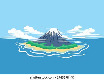 Vector illustration of a tropical island in the ocean with a volcano in a simple modern style for a poster, greeting cards