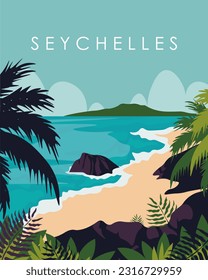 Vector illustration. Tropical island. Seychelles. Design for poster, banner, postcard, cover. Travel poster.