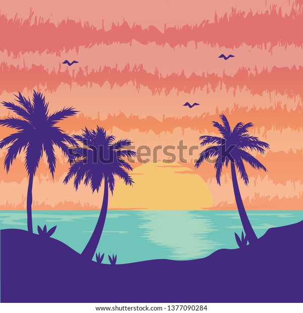 Vector Illustration Tropical Island Sunset Stock Vector (Royalty Free ...