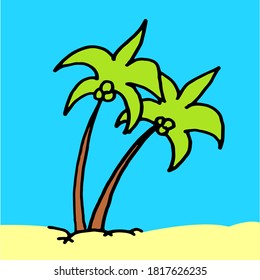 vector illustration of tropical island with thin black outline palm tree. hand drawn vector. modern scribble for kids, sticker, clipart, poster, banner, advertisement. doodle trees, summer time. 