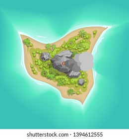 Vector illustration. Tropical island with a volcano. Top view.