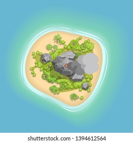 Vector illustration. Tropical island with a volcano. Top view.