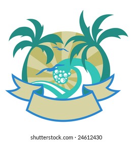 Vector illustration of tropical islands with beautiful palms, beach and seagulls.