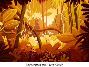 Vector illustration of tropical jungle background. Landscape with orange and red colors at sunset. Rainforest with dense vegetation of trees, bushes and lianes. 