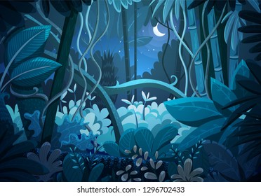 Vector illustration of tropical jungle background. Landscape at night with moon and stars in dark blue sky. Rainforest with dense vegetation of trees, bushes and lianes.