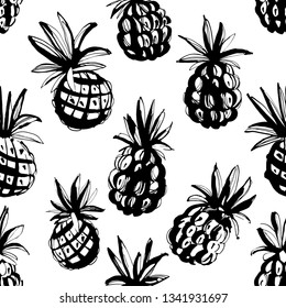 Vector illustration Tropical jungle beach party floral seamless pineapple ananas pattern background. Black and white print, grunge style design