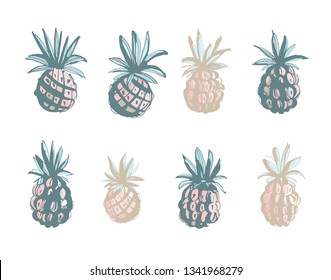 Vector illustration Tropical jungle beach party floral pineapple ananas pattern background grunge style design. Pink, blue, golden print on white background