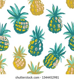 Vector illustration Tropical jungle beach party floral seamless pineapple ananas pattern background. Yellow, green, golden print on white background, grunge style design