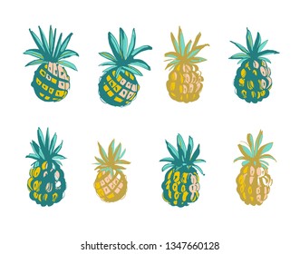 Vector illustration Tropical jungle beach party floral pineapple ananas pattern background grunge style design. Yellow, green, golden print on white background