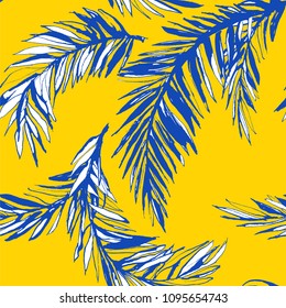 Vector illustration Tropical jungle floral seamless pattern background with palm beach banana monstera leaves. Yellow and blue. Grunge style design textile print, poster, wallpaper and wrapping paper