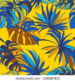Vector illustration Tropical jungle floral seamless pattern background with palm beach banana monstera leaves. Yellow and blue. Grunge style design textile print, poster, wallpaper and wrapping paper