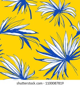 Vector illustration Tropical jungle floral seamless pattern background with palm beach banana monstera leaves. Yellow and blue. Grunge style design textile print, poster, wallpaper and wrapping paper