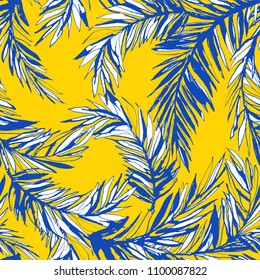 Vector illustration Tropical jungle floral seamless pattern background with palm beach banana monstera leaves. Yellow and blue. Grunge style design textile print, poster, wallpaper and wrapping paper