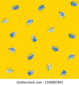 Vector illustration Tropical jungle floral seamless pattern background with palm beach banana monstera leaves. Yellow and blue. Grunge style design textile print, poster, wallpaper and wrapping paper