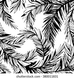 Vector illustration Tropical jungle floral seamless  pattern background with palm leaves. Black and white