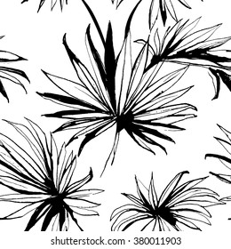 Vector illustration Tropical jungle floral seamless  pattern background with palm leaves. Black and white